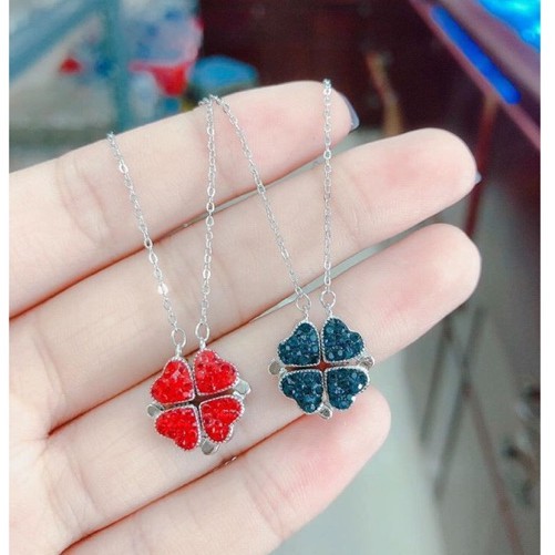 DÂY CHUYỀN BẠC CỎ 4 LÁ GHÉP TIM 2 MẶT NẠM ĐÁ (CÓ VIDEO KÈM THEO ) - BẠC BIBI