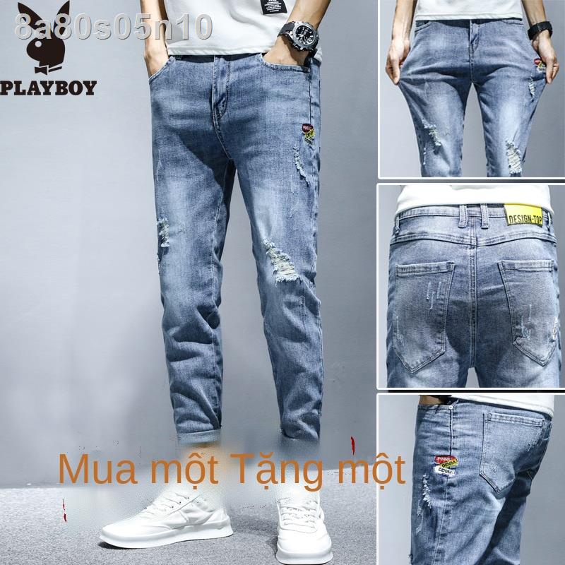 Quần jean Playboy nam mùa hè mỏng co giãn phiên bản Hàn Quốc của xu hướng chín điểm lỗ giản dị