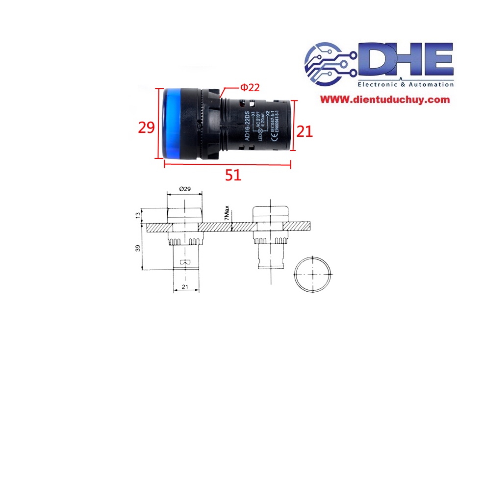 Đèn báo AD16-22DS 12VDC - 48VDC/220VAC/380VAC (Đỏ, Xanh lá, Trắng, Vàng, Xanh dương) - Φ 22mm