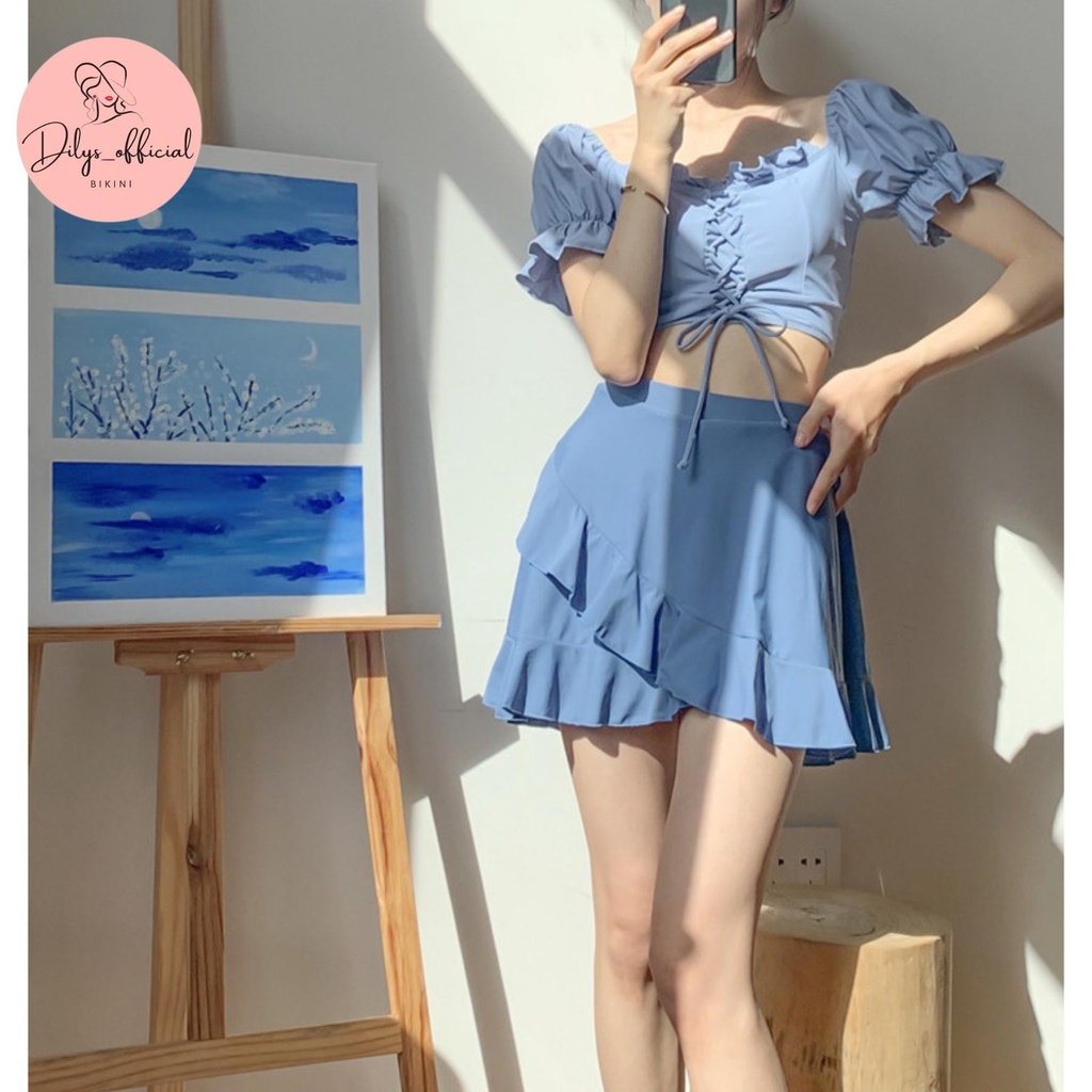 Đồ bơi nữ 2 mảnh kín đáo DILYS 8357, Bikini đi biển phong cách hàn quốc áo bèo trễ vai chân váy trẻ trung, hiện đại