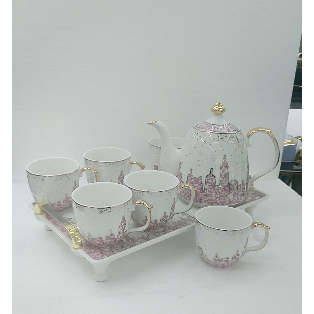 Bộ bình trà  kèm khay, ấm bầu trắng pha tím- màu trắng pha xanh dương viền vàng cao cấp