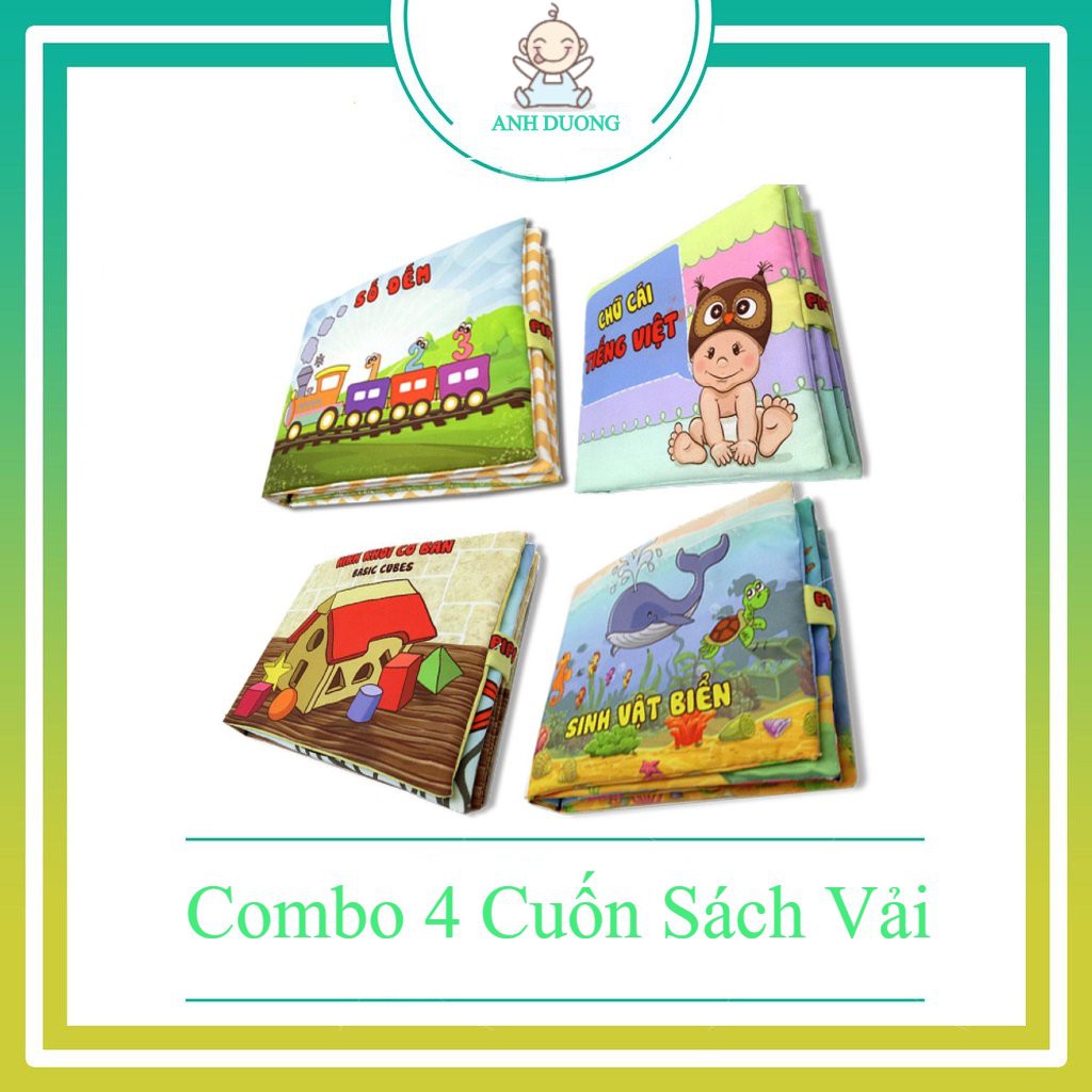 Sách Vải - Bộ 4 Cuốn Số đếm+ Chữ cái tiếng việt+ Hình khối cơ bản+ Sinh vật biển