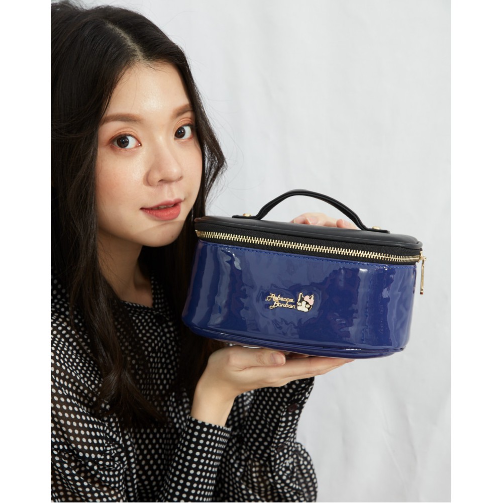 Hộp đựng mỹ phẩm có kính màu xanh dương đậm PU #RebeccaBonbon chú cún Nhật Bản