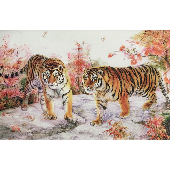 Tranh dán tường 3D mãnh hổ - tranh con hổ - vải lụa phủ kim sa