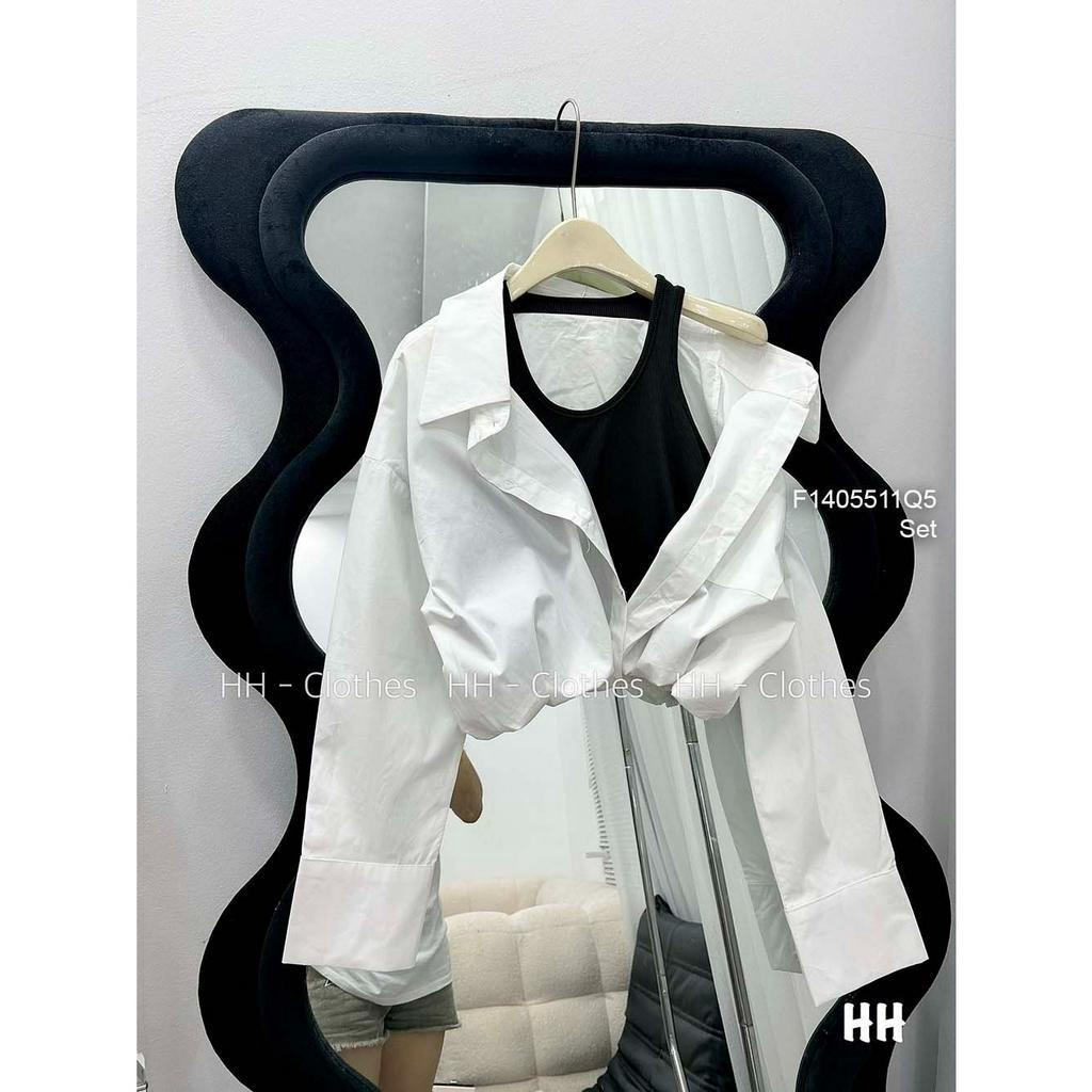 Set áo sơ mi trắng form croptop phối áo đen ba lỗ!
