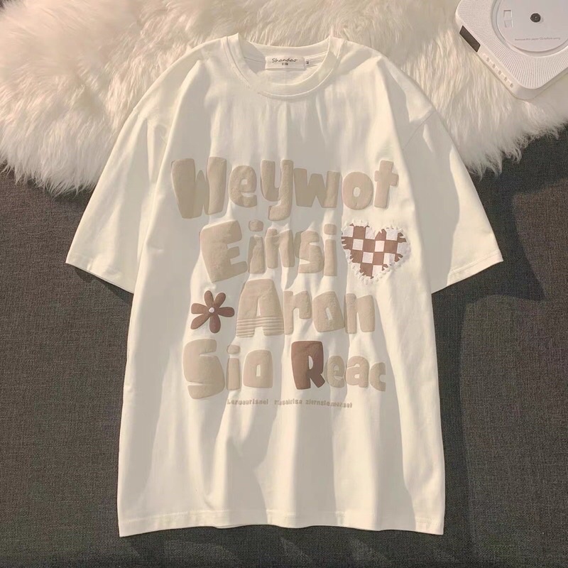 Áo thun cotton tay lỡ dáng rộng chữ dập phồng - Weywot