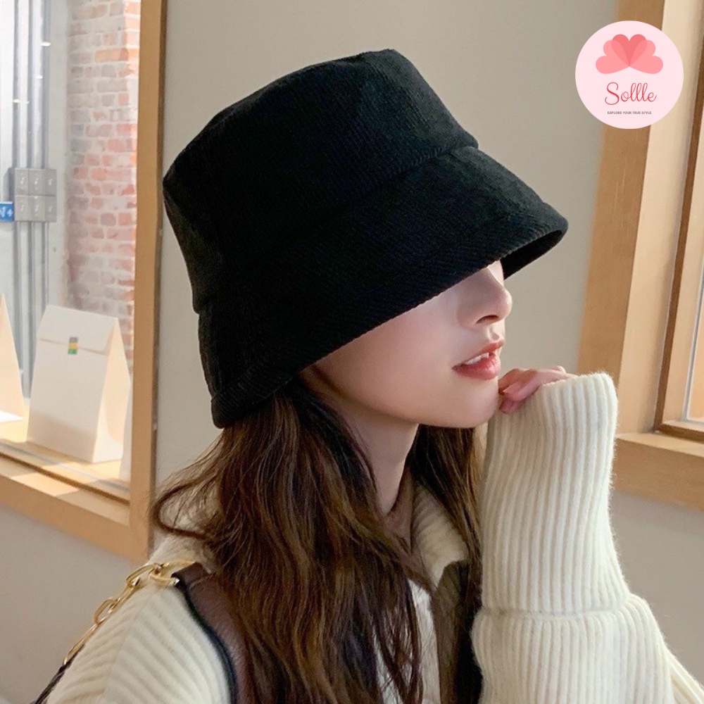 Mũ bucket vành cụp unisex nón tai bèo trơn nỉ nhung gân tăm nhiều màu nam nữ Sollle
