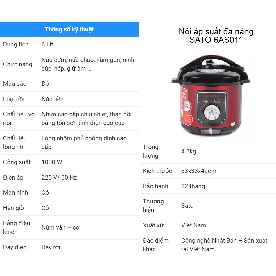 [Mã ELHADEV giảm 4% đơn 300K] Nồi áp suất hầm đa năng SATO 6AS011 6L bảo hành chính hãng 12 tháng