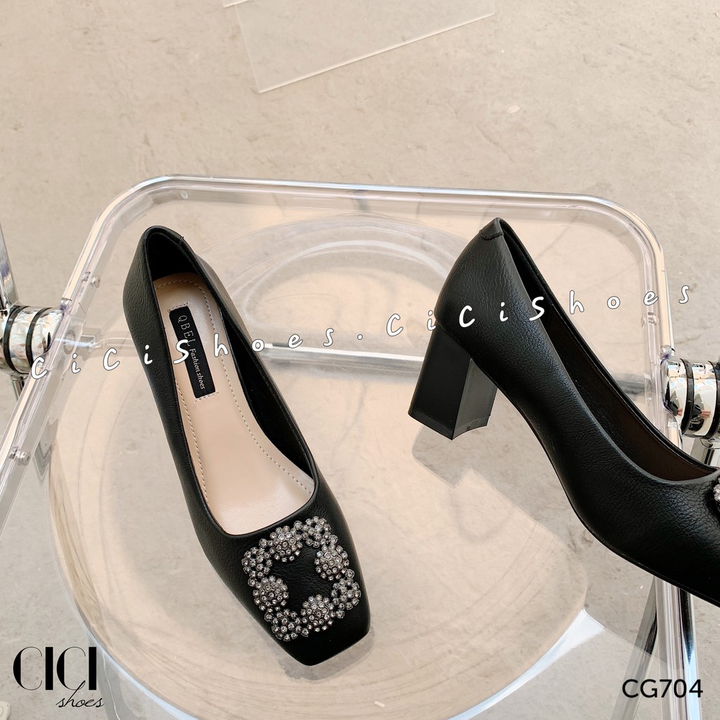 Giày cao gót nữ CiCi Shoes 5cm mũi vuông, giầy gót vuông mũi đá xám - CG704
