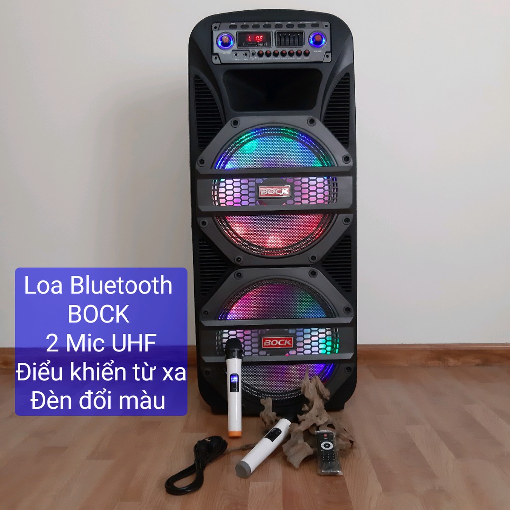 Loa kéo loa Bluetooth KaraOke 2 Bass 1 Treble kèm 2 Mic điều khiển có 2 đèn đổi màu
