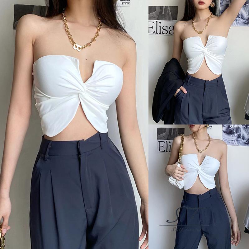 Áo Ống Không Dây Cổ Chữ V Màu Trơn Thời Trang Mùa Hè Cho Nữ CY03