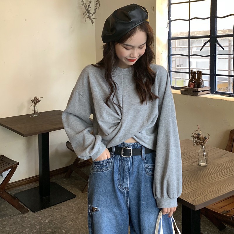 ÁO CROPTOP NỈ XOẮN EO DÀI TAY XÁM ĐEN TRẮNG BASIC - ÁO SWEATER TAY DÀI XOẮN EO 3 MÀU HOT - Hàng hot thu đông | BigBuy360 - bigbuy360.vn