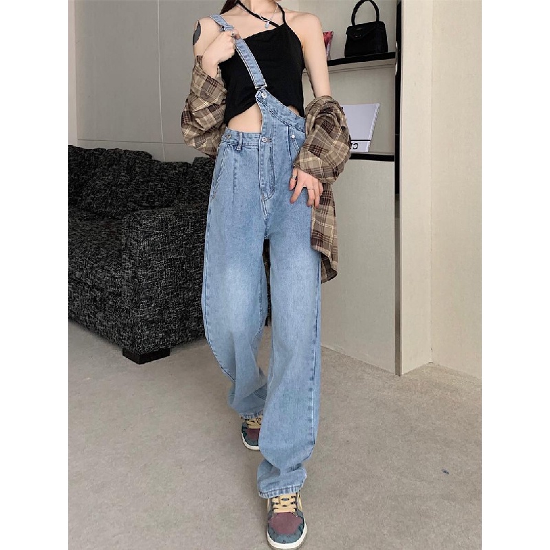 Quần Yếm Denim Ống Rộng Lưng Cao Thời Trang Cá Tính