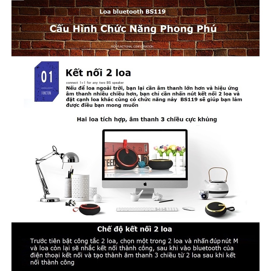 Loa Bluetooth Mini Nghe Nhạc Hay Cầm Tay Nhỏ Gọn Có Móc Treo Giá Rẻ Hỗ Trợ Thẻ Nhớ Cổng 3.5mm - Gutek BS119