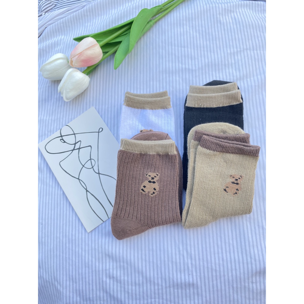 Tất gấu Muzini vớ cổ cao in hình hoạt hình nhiều màu dễ thương TN205