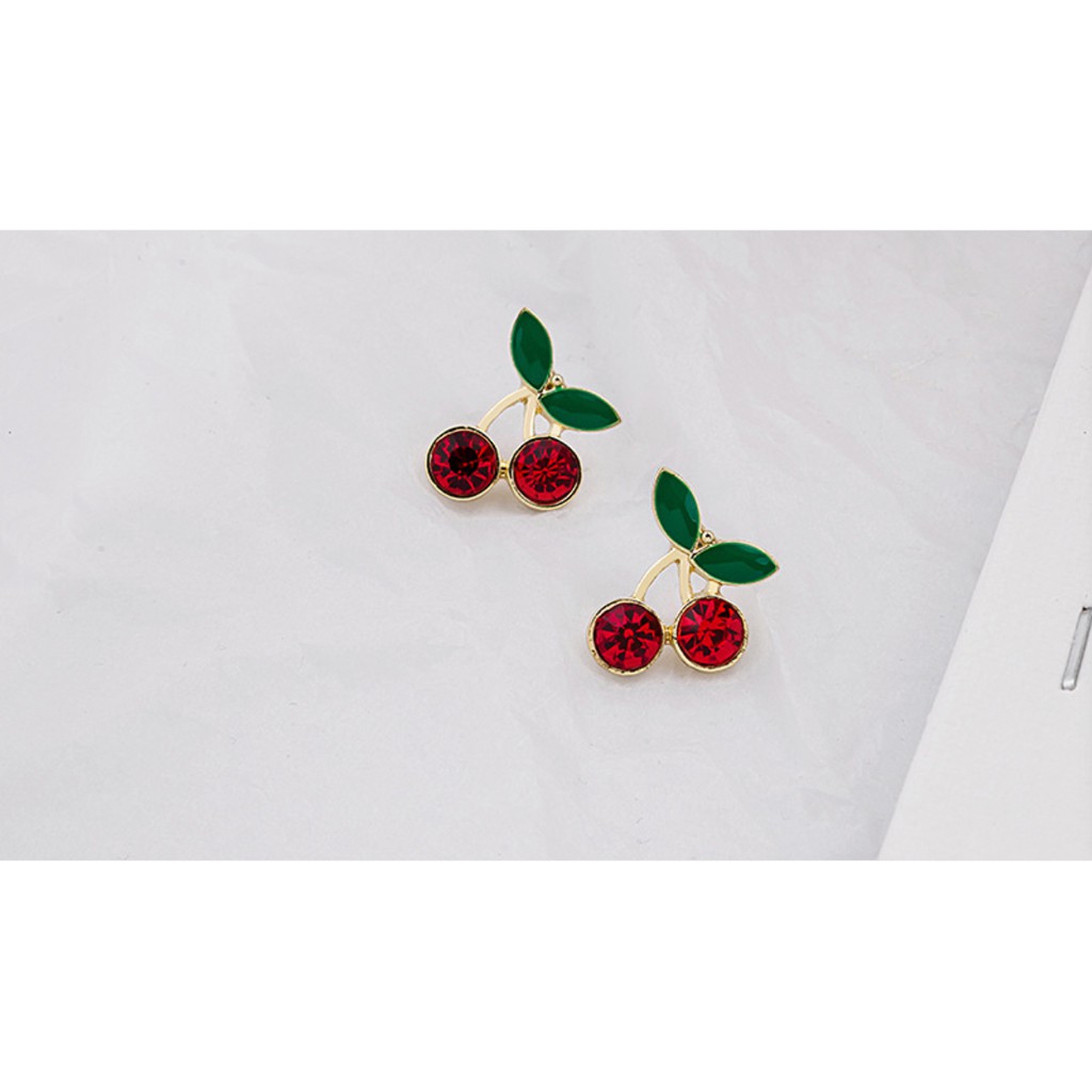 Bông Tai ULA Shop hình quả Cherry Khảm Đá Lấp Lánh chất liệu mạ bạc S925 Phong Cách Hàn Quốc