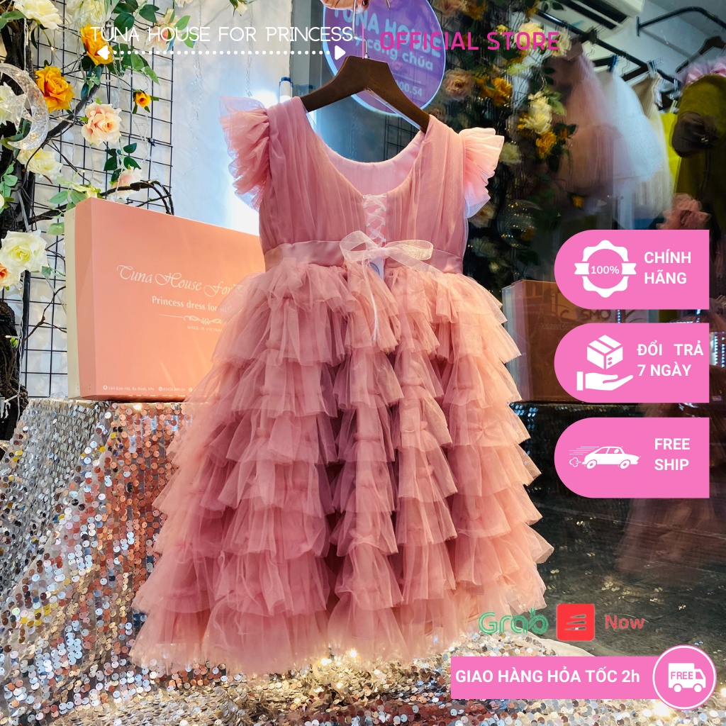 Váy đầm xoè công chúa thiết kế cho bé gái siêu tầng hồng tay cộc dáng ngắn - Tuna House For Princess
