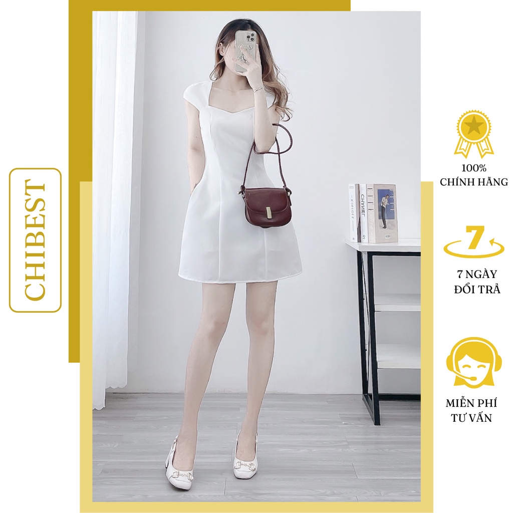 Đầm nữ dự tiệc form chữ A cúp ngực phối tay Cánh tiên cột dây lưng sang chảnh CHIBEST ADB62