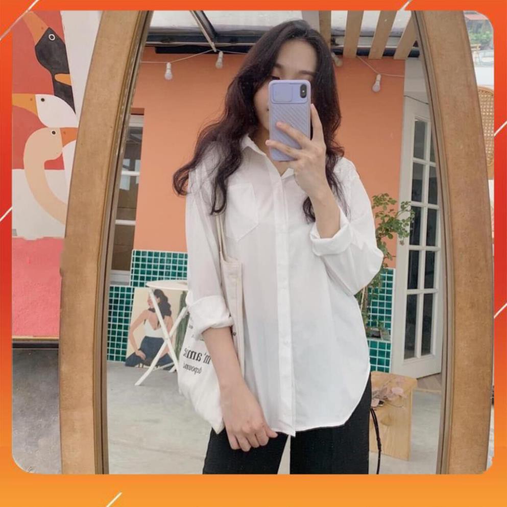 Áo sơ mi trắng nữ dài tay bồng túi ngực Basic Unisex Dáng Rộng cực xinh xưởng sỉ nguyễn hoa siêu đẹp