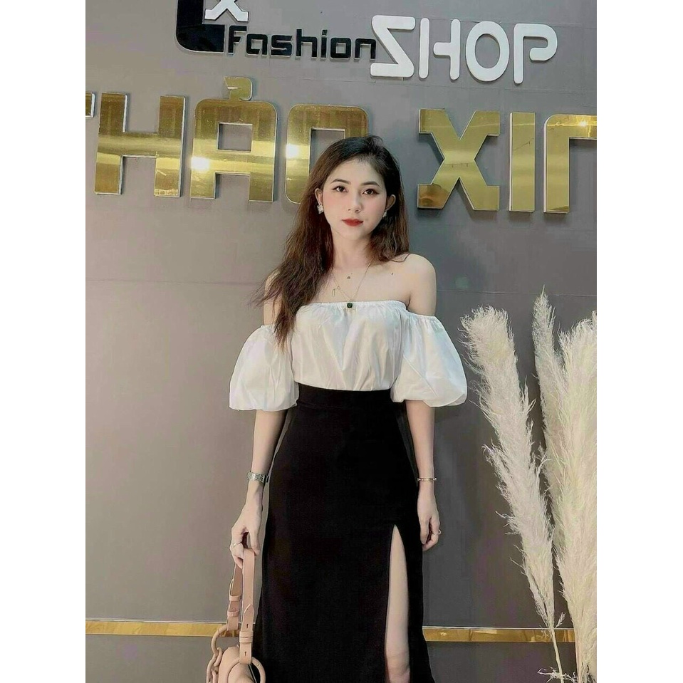 Set áo trắng trễ vai mix chân váy đen xẻ tà, set váy tay phồng tiểu thư màu đen trắng cho nàng công sở trẻ trung