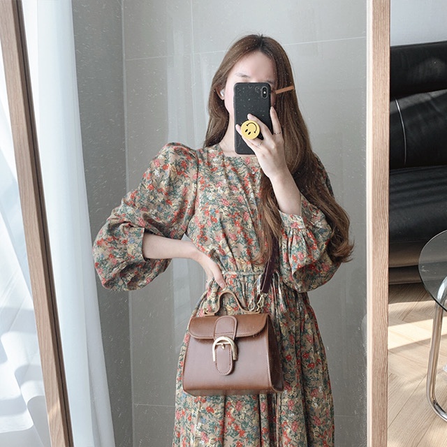 Đầm 48456 vải voan một mảnh in hoa dáng nhỏ phong cách cổ điển