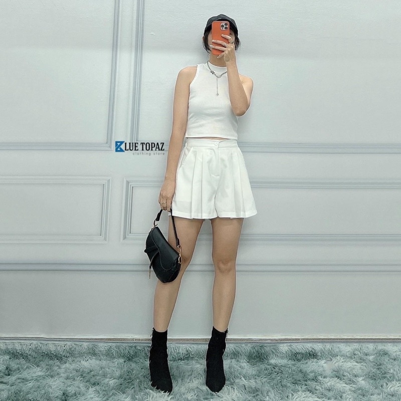 quần short xếp ly dáng xoè, áo ba lỗ thun tăm | BigBuy360 - bigbuy360.vn