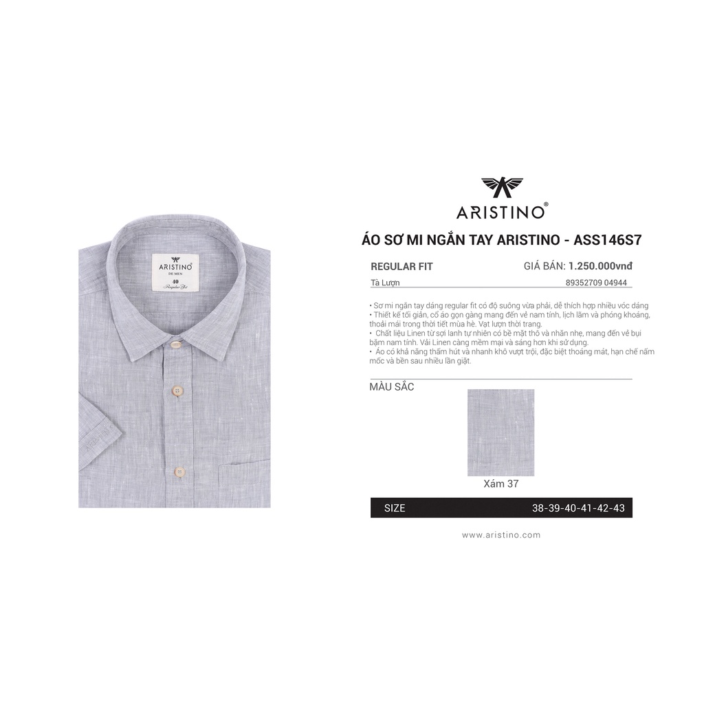 Áo sơ mi nam ngắn tay Aristino sợi lanh nhanh khô-regular-màu xám ASS146S7 (Size 40/41/42)