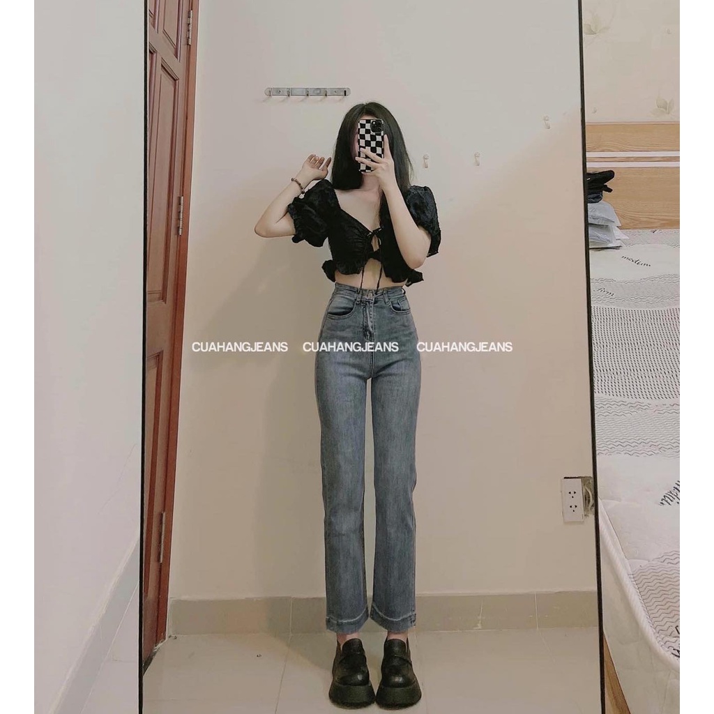 Quần Jean Nữ Ống Đứng Lưng Cao Lai Gập CiCi, Quần Bò Ống Đứng Gập Gấu To 3cm Co Giãn