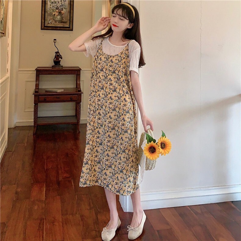 (SET VNXK) SET YẾM HOA NHÍ + ÁO TÍM TRẮNG VÀNG VINTAGE - VÁY YẾM HOA ULZZANG