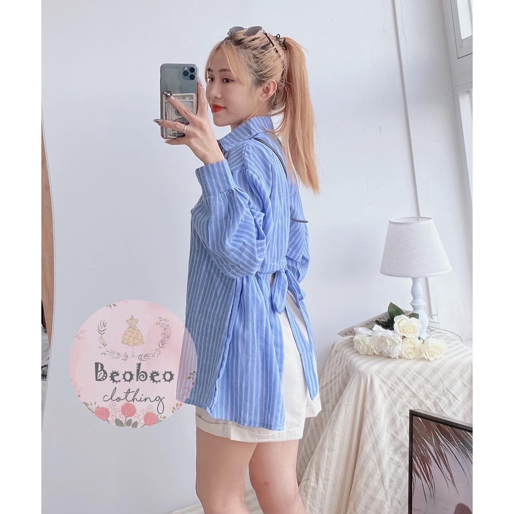 Áo sơ mi kẻ sọc rút dây cột nơ lưng ulzzang