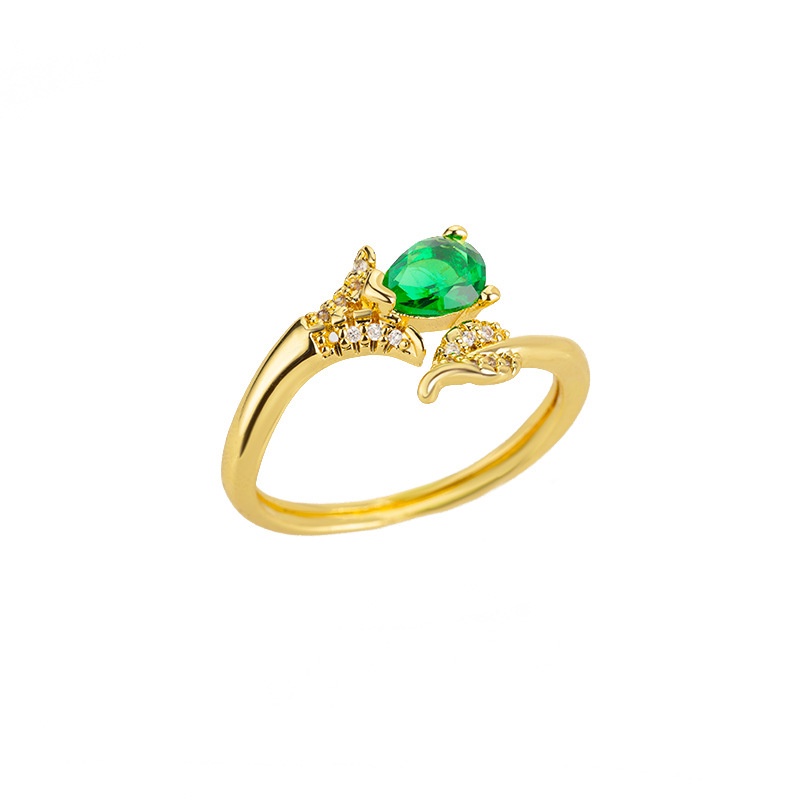 Nhẫn Đồng Đính Đá Zircon Hình Giọt Nước Màu Xanh Lá Cây Có Thể Điều Chỉnh Kích Cỡ