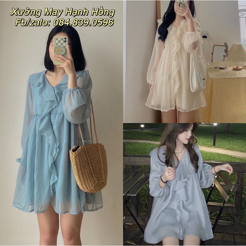 Váy babydoll cổ bèo đuổi cực xinh, đầm lụa 2 lớp dài tay Vintage