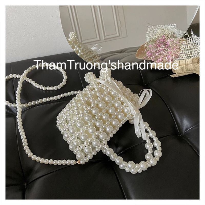 Túi đeo chéo/ xách tay kết hạt cườm giả ngọc trai handmade xinh xẻo