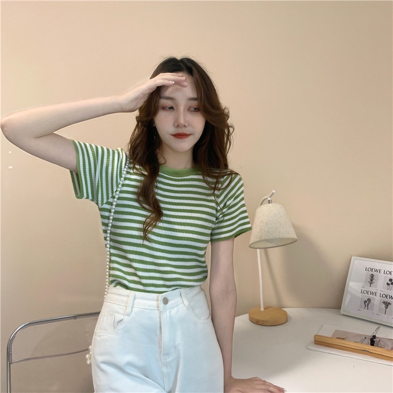 Áo Thun Croptop Gân Tăm Tay Ngắn Họa Tiết Kẻ Sọc Kiểu Hàn Quốc Thời Trang 2022