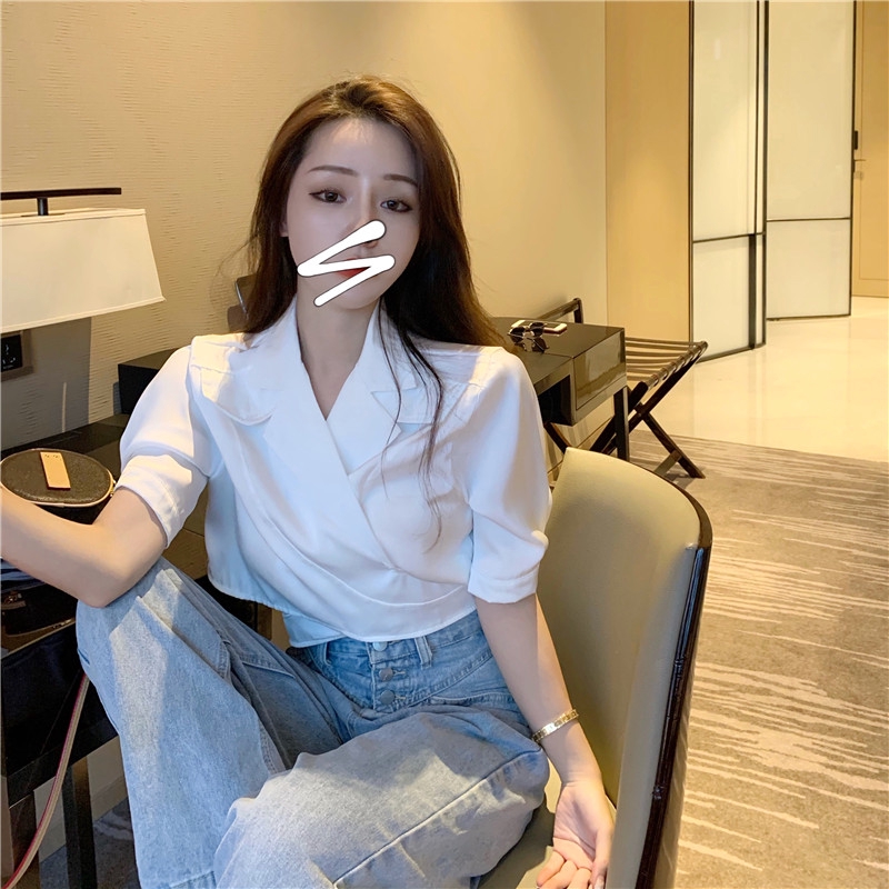 IELGY   Áo Kiểu Tay Ngắn Cổ Chữ V Chéo Dây Lưng Cao Thời Trang Quyến Rũ Cho Nữ