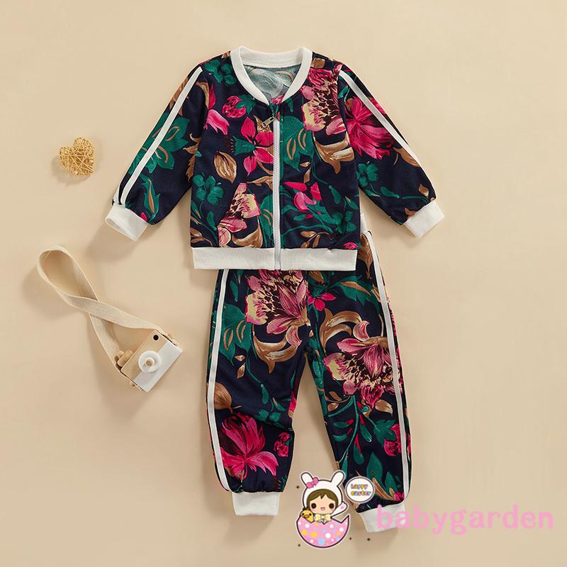 Set áo khoác tay dài cổ tròn in họa tiết hoa + quần dài thời trang mùa thu cho bé gái