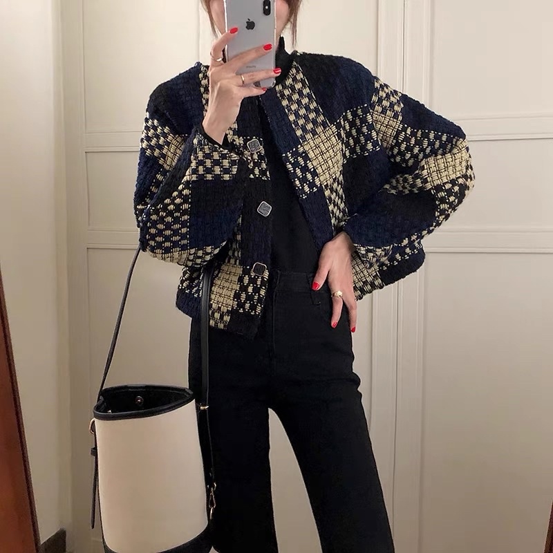 Áo khoác dạ tweed kẻ dọc phong cách Hàn quốc thu đông