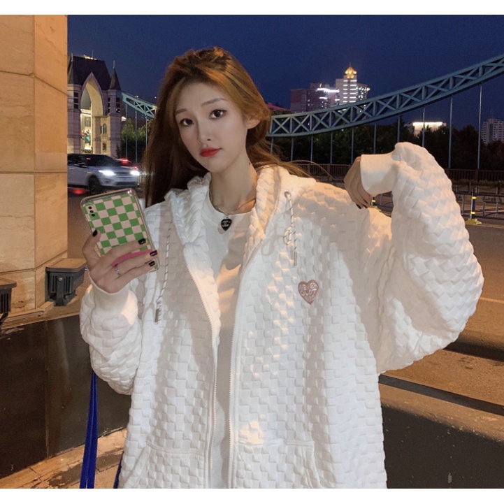 Áo khoác hoodie nỉ khóa kéo vân nổi phong trái tim cách Hàn Quốc