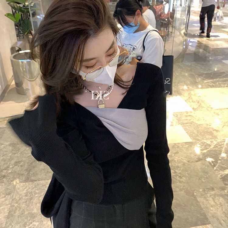 Áo thun tay dài dáng ôm màu sắc tương phản thời trang cho nữ 2021Fall