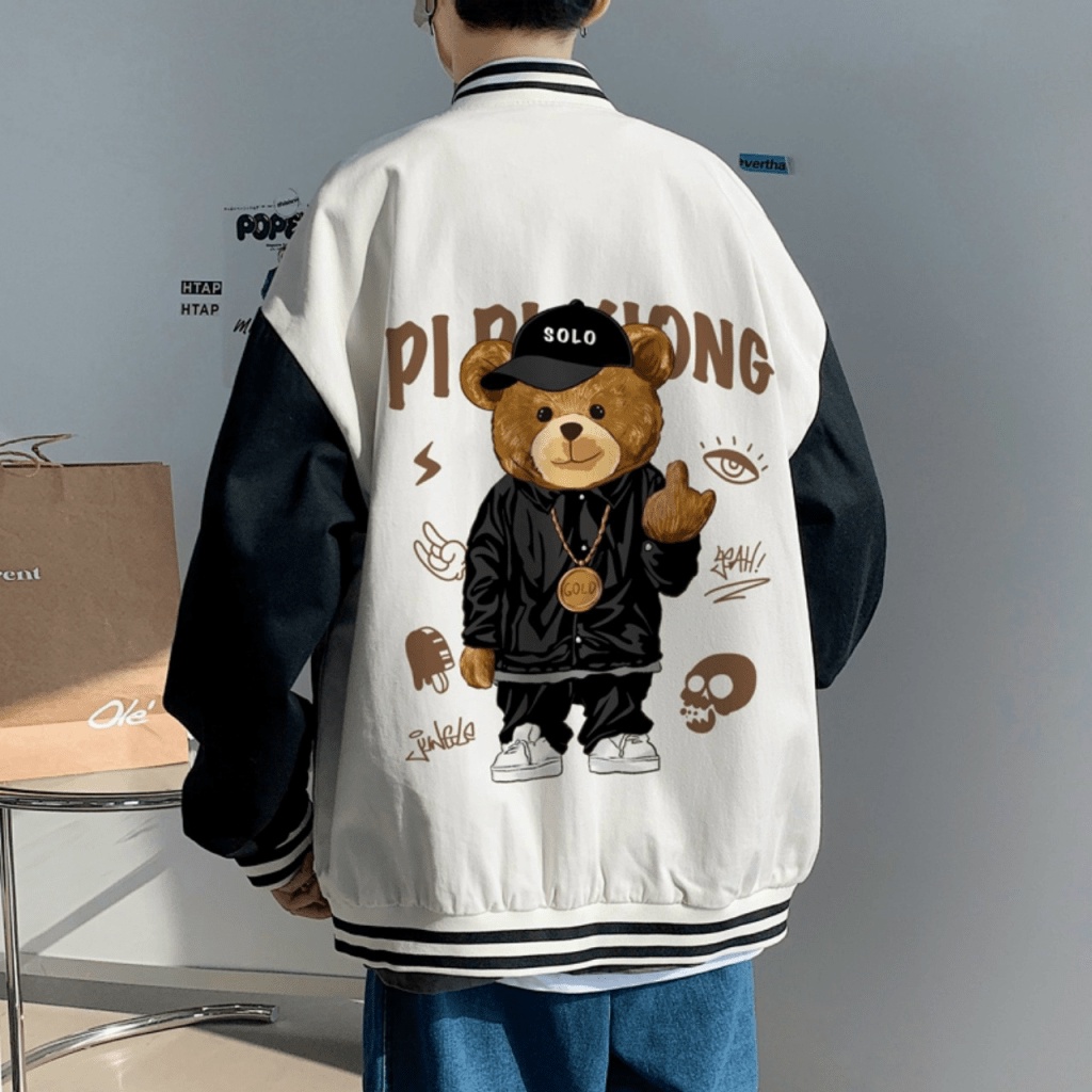 Áo Khoác Nỉ Nam Gấu Nâu 3 Màu Form Rộng Kiểu Bomber Phong Cách Trẻ Trung Nút Cài Phối Tay Khác Màu Che Nắng Chắn Gió Cực