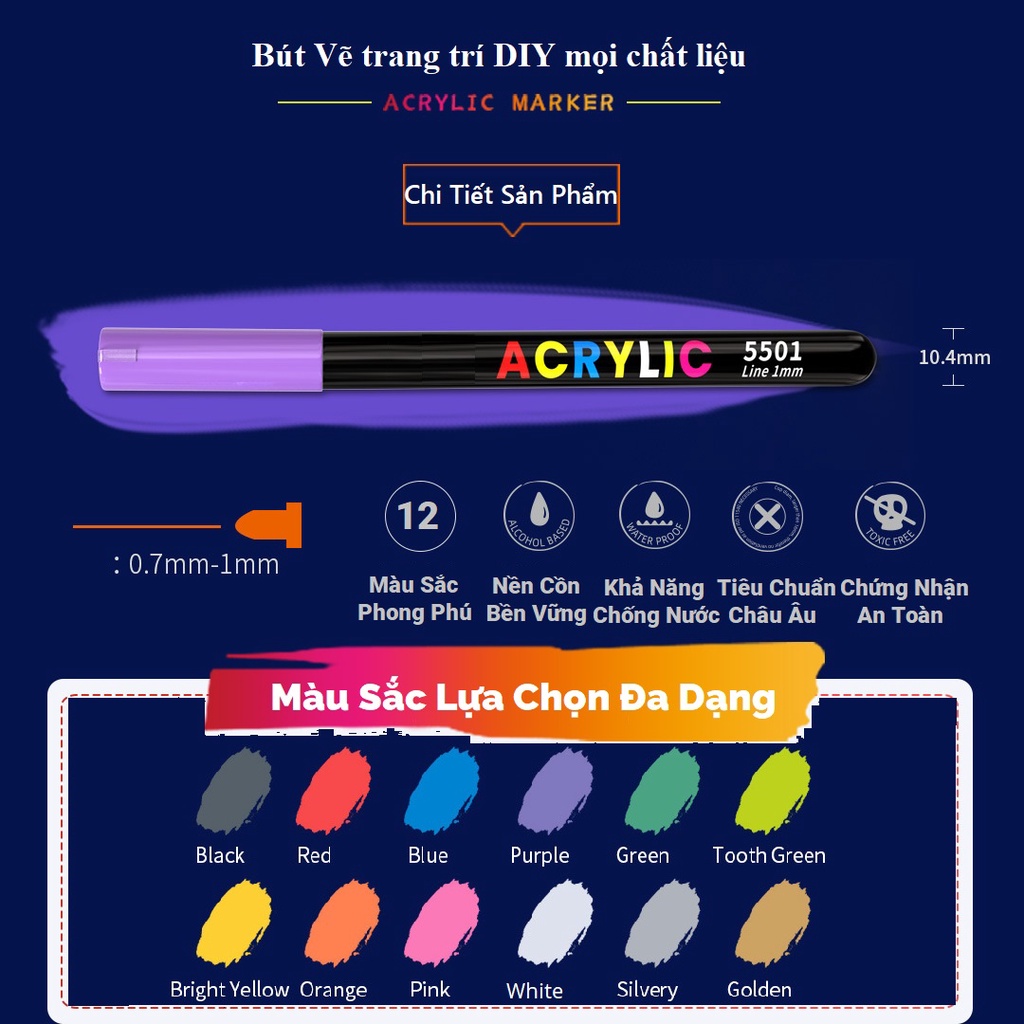 Bộ bút 12 MÀU acrylic CHỐNG NƯỚC chuyên dùng để vẽ lên bề mặt gốm sứ kính hoặc hộp quà tặng sinh nhật chất lượng cao cấp