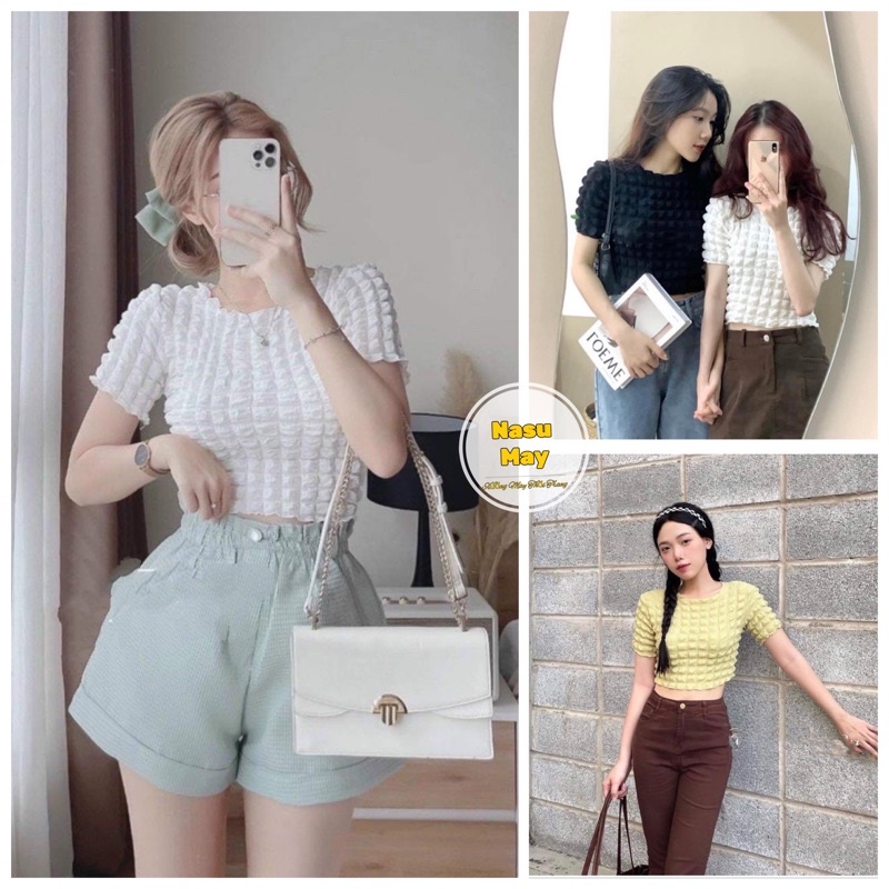Áo Croptop Chất Caro Xốp Nữ Thun kiểu body cộc tay dáng ôm viền bèo tiểu thư đường phố hàn quốc
