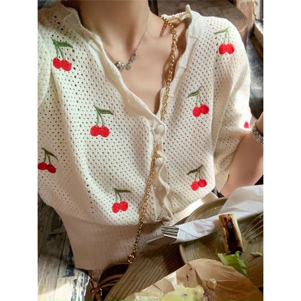 Xả hàng - Áo len mỏng ngắn tay thêu cherry, Áo kiểu len cổ tim dáng ôm AL8583 - NhiNhi Shop