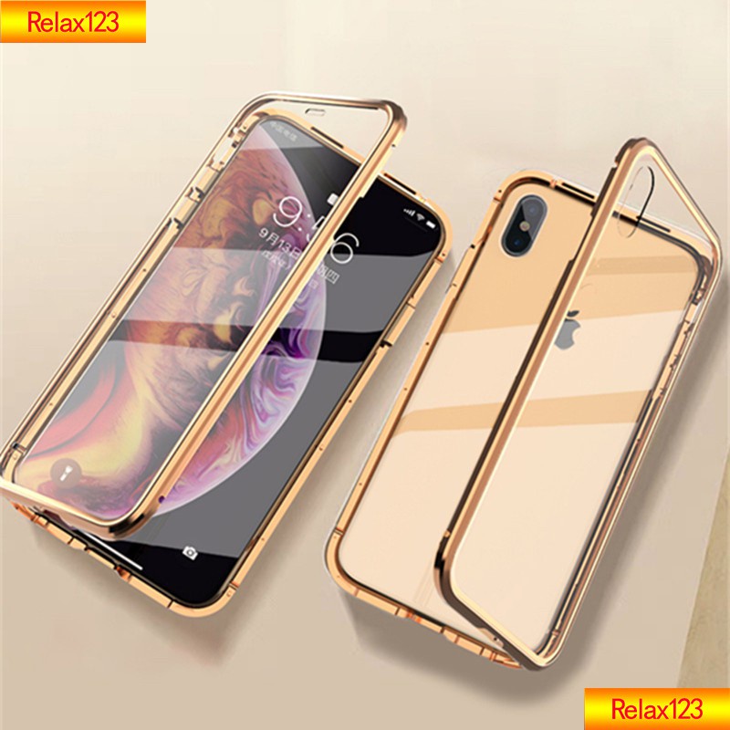Ốp Điện Thoại Kính Cường Lực Cứng Hai Mặt Viền Kim Loại Nam Châm Bảo Vệ 360 Độ Cho Iphone 8 7 6s 6 Se2 Plus