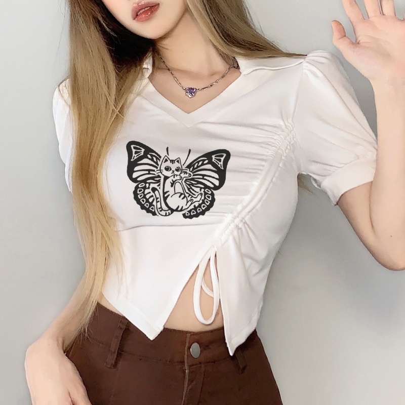 Áo Thun Dây Rút Cổ V Ngắn Tay In Hình Bướm Thời Trang Nữ Sành Điệu