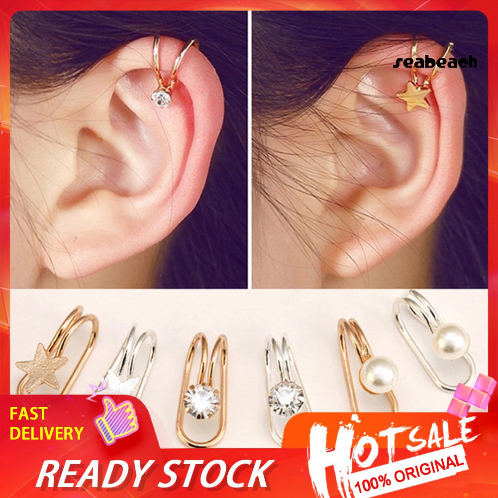 ps/1Pc Women Star Cubic Zirconia Faux Pearl Non Piercing Ear Cuff Clip Earrings