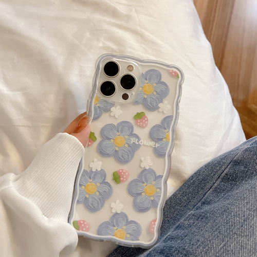 Ốp Điện Thoại Trong Suốt Thiết Kế Gợn Sóng In Hoa/ Dâu Tây Xanh Dương Cho iphone 13 12 11 pro max x xr xs max7 8 plus