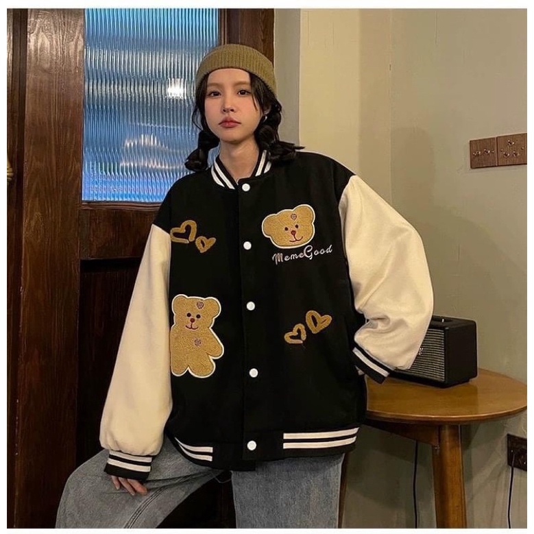 Áo khoác bóng chày bomber in gấu nổi 3D kaki da lộn 2 lớp unisex ulzzang nam nữ
