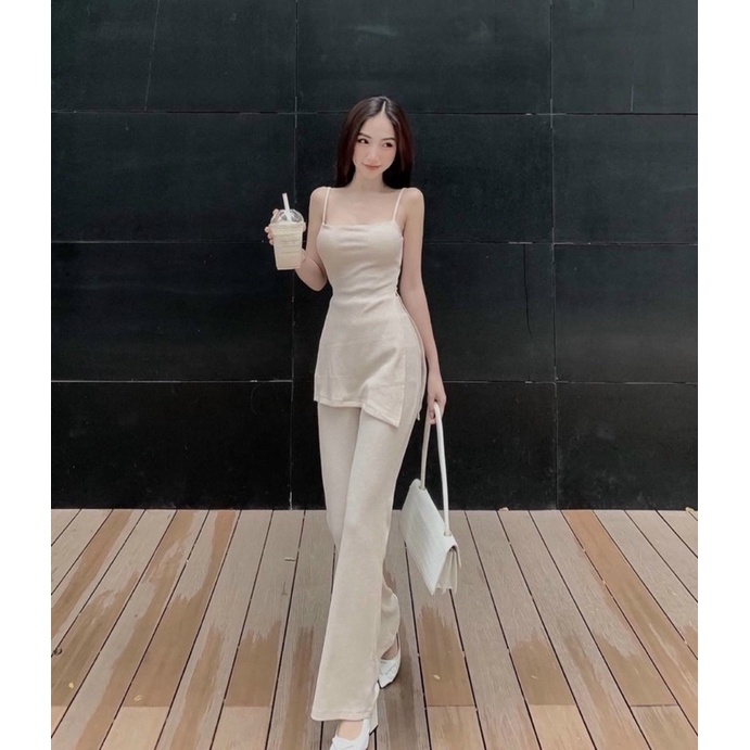 Set thun gân áo 2 dây xẻ tà + quần ống loe / Kem, đen