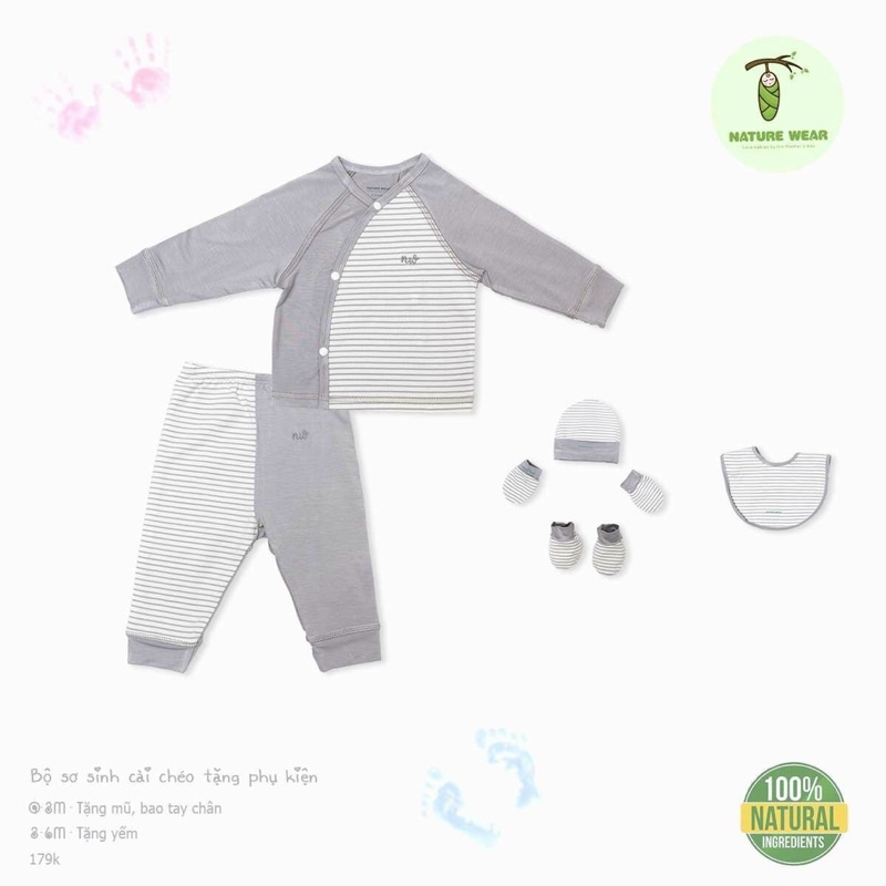 Nature bộ sơ sinh cài vai cho bé kèm mũ bao chân bao tay